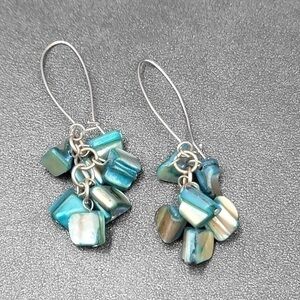 Y2K Silver Hoops Blue Shell Dangle Earrings 2.5"